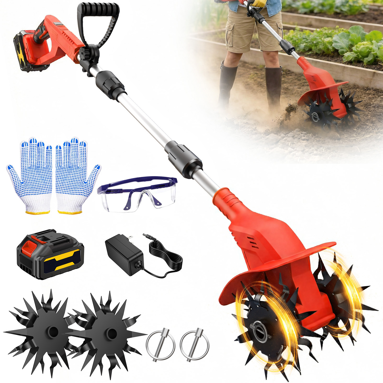 Soil Tilling Cultivator - 20V Cordless Tiller Cultivator, 360RPM Electric